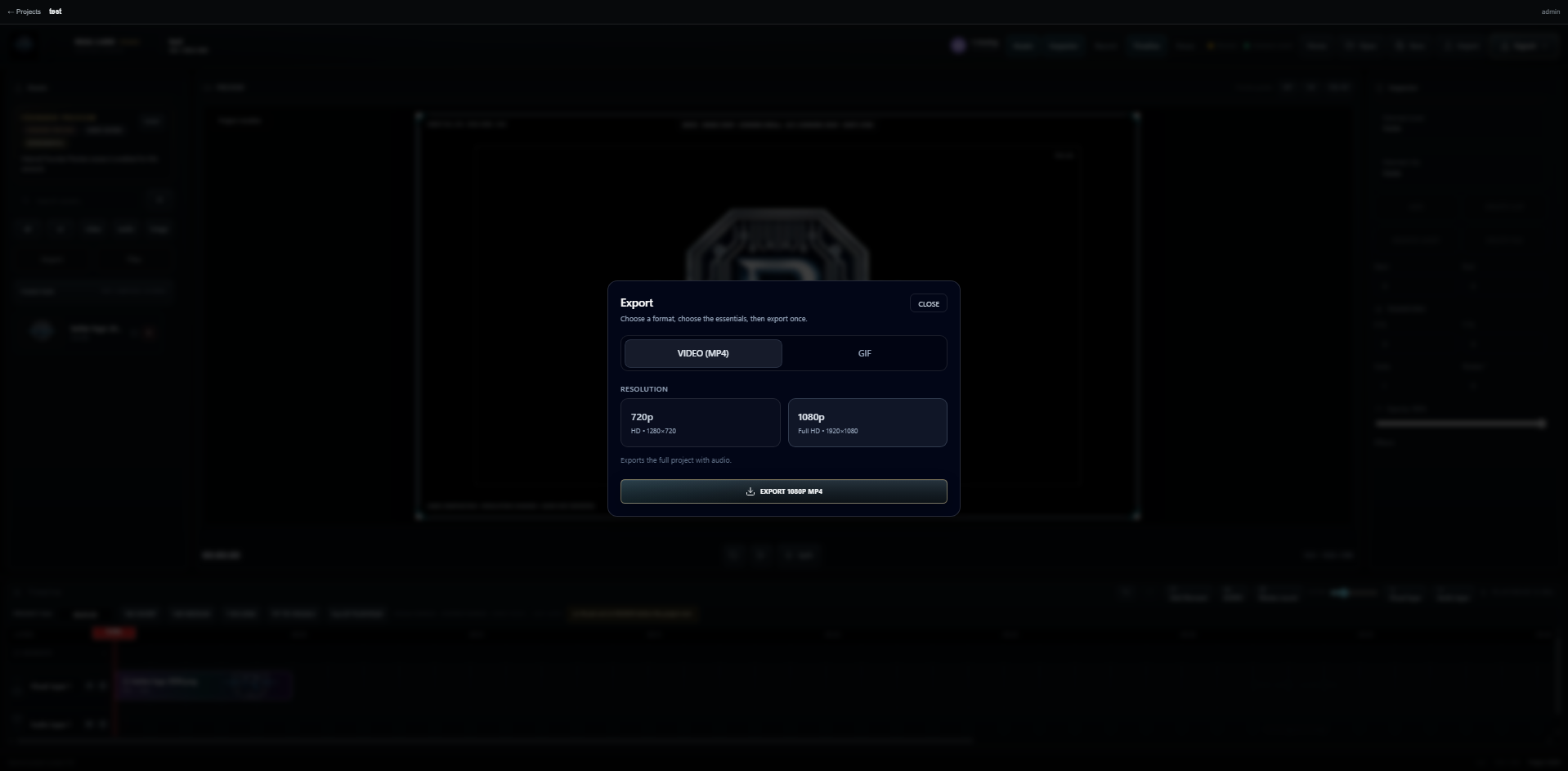 RealVideoCreator MP4 export panel with 720p and 1080p delivery options.