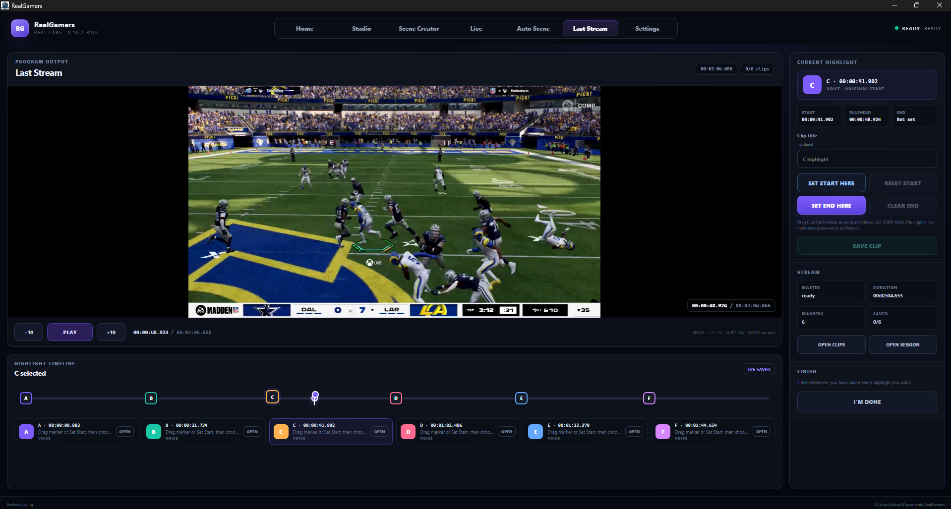 Real Gamers Last Stream highlight and replay workflow.