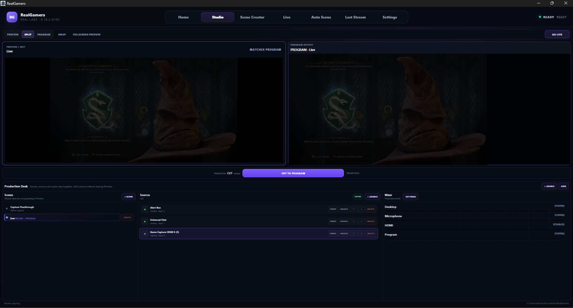 Real Gamers Studio with Preview and Program production views.